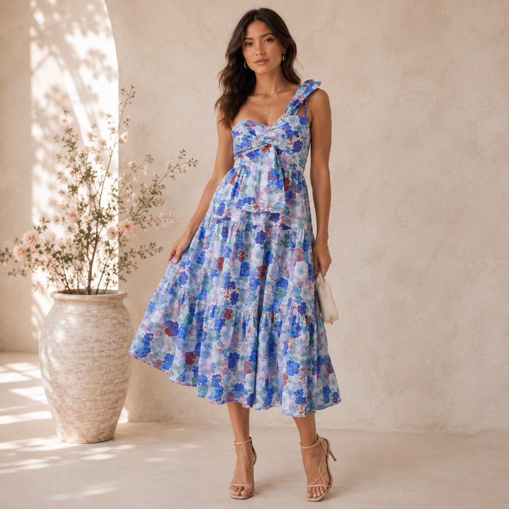 NWT Love + Harmony Floral Midi Dress Blue Tiered Bow Strap Romantic Women’s M